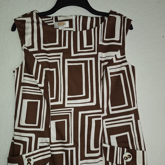 TALBOTS Petite Brown White Sleeveless Cotton Spandex Stretch Sheath Dress Size 8 - Picture 3 of 11